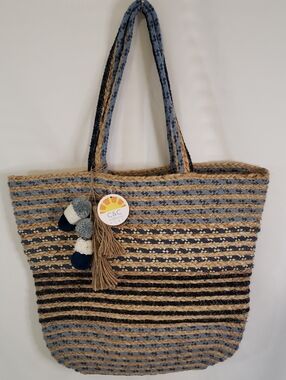C&C California Home Natural/Blue Striped Jute Tote Bag with Pompoms & Tassels